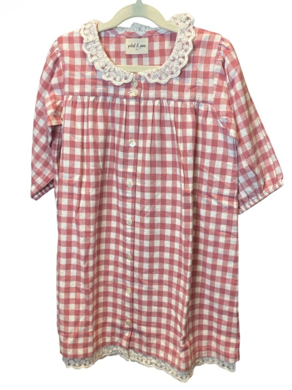 Petal & Pine Pink Gingham Dress with Lace Collar and Lace Trimmed Hem NEW Size 7